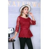 ราคา NN&NN Shop_N-0013_เสื้อลูกไม้คอปาด พื้น หลายสี 42" แดงเลือดหมู (2394)