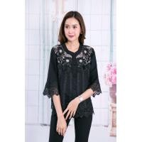 ราคา NNandNN Shop N 0022 เสื้อลินินแต่งลูกไม้ แขนกระบอก ดำ, XXL 42 (3409)