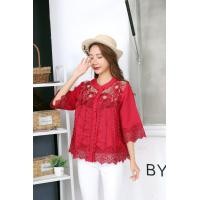 ราคา NNandNN Shop N 0022 เสื้อลินินแต่งลูกไม้ แขนกระบอก แดง, XXL 42 (3416)