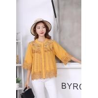 ราคา NNandNN Shop N 0022 เสื้อลินินแต่งลูกไม้ แขนกระบอก เหลือง, XXL 42 (3432)
