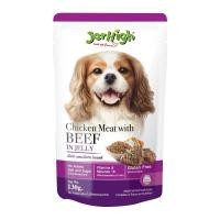 ราคา เจอร์ไฮ อาหารเปียกสุนัข รสเนื้อไก่ผสมเนื้อวัวในเยลลี่ 130 ก. (8851759457377)
