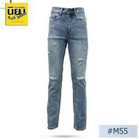 ราคา กางเกงยีนส์ผู้ชายทรงกระบอกเล็ก นิยมยีนส์ รุ่น M55 Niyom jeans สียีนส์ฟอก ผ้าไม่ยืด แต่งขาด แต่งขาดปะ 1 จุด (25331018176)
