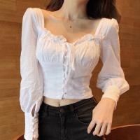 ราคา เสื้อผูกเชือกผู้หญิงแขนพองคอเหลี่ยมโชว์สะดือโชว์กระดูกไหปลาร้าเสื้อเชิ้ตสีพื้นแบบใหม่ต้นฤดูใบไม้ผลิเซ็กซี่แบบสั้น AWHW (25125230421)