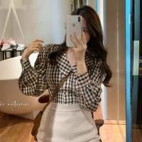 ราคา เสื้อเชิ้ตลายสก๊อตสไตล์ฮ่องกง เสื้อแฟชั่นผู้หญิงปกตุ๊กตา เสื้อสั้นแขนยาวแขนโคมไฟ Y0196 (17897287504)