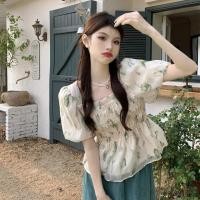 ราคา เสื้อเชิ้ตแขนพัฟ ผ้าชีฟอง เปิดไหล่ข้างเดียว ลายดอกไม้ สไตล์ฝรั่งเศส ลดอายุ เหมาะกับฤดูร้อน LDVQ (25967799033)