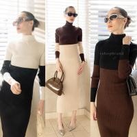 ราคา เดรสผ้าร่องไหมพรมคอเต่าทูโทน เข้ารูป (22288726652)