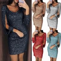 ราคา Jianzhi สุภาพสตรีพู ่ ชุดแฟชั ่ น Glitter แขนยาว V คอ Midi Party Dress (28400615396)
