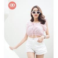 ราคา มาใหม่ 1068 เสื้อครอปคอเหลี่ยม แขนระบายผ้าฝ้าย ลายทางฮิตสุดๆ แฟชั่นสำหรับผู้หญิง (16656695417)