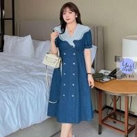 ราคา ชุดเดรสยีนส์ยาวสาวอวบ อก 38 50 นิ้ว เดรสยีนส์คอปกระบายสองชั้น กระดุมคู่ YPS 169 (19188794263)