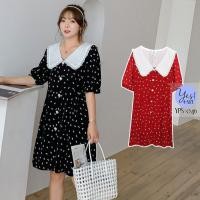 ราคา ชุดเดรสสั้นสาวอวบ อก 40 52 นิ้ว คอปกใหญ่ขาว ผ้าชีฟองสีดำเนื้อนิ่มพริ้ว พิมพ์ลายเล็ก สีแดง สีดำ YPS 046 (13949343464)