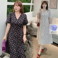 ราคา ชุดเดรสยาวสาวอวบ อก 38 49 นิ้ว เดรสคอวีลายดอก กระดุมหน้า แขนตุ๊กตา สีดำ ขาวครีม YPS 177 (22972084587)