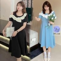 ราคา ชุดเดรสยาวสาวอวบ อก 40 53 นิ้ว เดรสคอกลม เปิดไหล่ขวา แต่งระบายอก สีฟ้า สีดำ YPS 098 (17273052705)