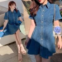 ราคา ชุดเดรสสั้นสาวอวบ อก 38 50 นิ้ว เดรสยีนส์คอปก จีบเอวเข้ารูป กระดุมจริง สียีนส์เข้ม YPS 241 (25777263466)