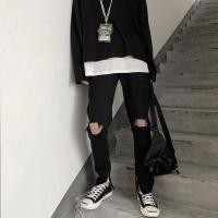 ราคา กางเกงยีนส์ผู้ชายทรงกระบอกเล็ก black zipper ยีนส์ขาดเข่า ยีนส์ดำขาดขเ่า (14535715171)