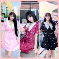 ราคา LISA A0174 ชุดเดรสกระโปรงแขนสั้นคอปกผูกโบว์ลายดอกไม้แต่งไข่มุก (24110626763)