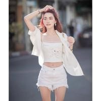 ราคา กางเกงยีนส์ขาสั้นเอวสูง สีขาว งานป้าย S XL (11414997100)