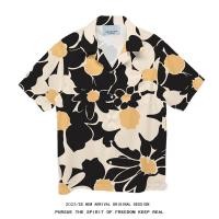 ราคา 11 WOLF Hawaii Shirt เสื้อเชิ๊ตแขนสั้นต่อลายดอกดำ ครีม H56 (25503745536)