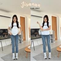 ราคา JIRANAN กางเกงยีนส์ขากระบอกเล็ก ขาตรง เอวสูง ผ้ายืด Code6863 (25268543635)