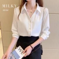 ราคา เสื้อทำงานผู้หญิงแขนยาว ออกแบบมีกระดุมทองข้างหน้า เนื้อผ้าชีฟอง เนื้อผ้านุ่มเบาใส่สบาย สไตล์คนทำงาน (11962360514)