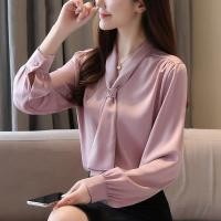 ราคา New Fashion แฟชั่นเกาหลีใหม่คอวีผูกเสื้อชีฟองแขนยาวอารมณ์ป่าหลวม (4856364023)