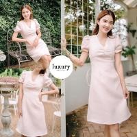 ราคา LUXURY707 VG8302 เดรสออกงาน อกจีบแต่งกระดุมมุกน่ารัก แขนทรงตุ๊กตา (21904117100)