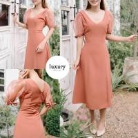 ราคา LUXURY707 FN8106 ชุดไปงานแต่ง Midi dress คอวี แขนตุ๊กตาผ้าแก้ว (15391088212)