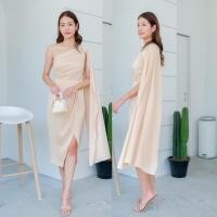 ราคา LUXURY707 LX2203 Midi dress เดรสบ่าเดี่ยวแต่งสไบ ผ้าซาติน (25763896111)