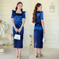 ราคา LUXURY707 LX3205 Midi dress ชุดเพื่อนเจ้าสาวคอเหลี่ยมแขนสั้น (22463660629)