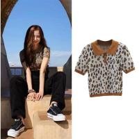 ราคา blackpink jisoo ถัก เสื้อครอป เสือดาว short sleeve POLO crop top kwpn (12019758298)