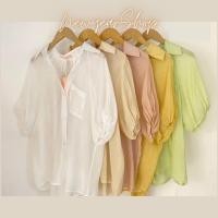 ราคา พร้อมส่ง เสื้อเชิ้ตกระดุมหน้าผ้าไหมญี่ปุ่น แขนสามส่วนพองๆ ผูกโบว์ด้านหลัง อก42 ยาว22 (23549794202)