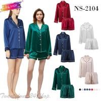 ราคา NS 2104 ส่งจากไทย ชุดนอนผ้าซาติน ชุดนอนผู้หญิง เสื้อแขนยาว กางเกงขาสั้น 24Shop (9534737369)