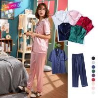 ราคา NS 2103 ส่งจากไทย ชุดนอนผ้าซาติน ชุดนอนผู้หญิง เสื้อแขนสั้น กางเกงขายาว 24Shop (9432468441)