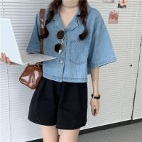 ราคา เสื้อเชิ้ตทรงหลวมสไตล์เกาหลี เสื้อแจ็คเก็ตยีนส์สีน้ำเงิน คอปกสูทสั้น (21489246920)