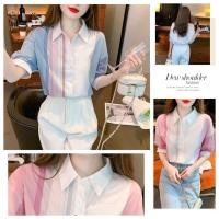 ราคา เกาหลีเสื้อสาวอวบลายทางแขนสั้นเชิ้ตคอวี (24957422965)