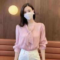 ราคา เสื้อเชิ้ตแขนสามส่วน ผ้าชีฟอง ทรงหลวม สไตล์เกาหลี แฟชั่นสําหรับผู้หญิง (24015508908)