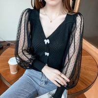 ราคา เสื้อเชิ้ตคอวี แขนทรงโคมไฟ ผ้าถัก ประดับโบว์ แต่งลูกไม้ สไตล์เกาหลี (15938460445)