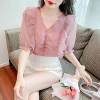 ราคา เสื้อเชิ้ต คอวี ผ้าชีฟอง แต่งระบาย ขนาดเล็ก สําหรับผู้หญิง (22369361052)