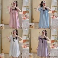 ราคา Pit Strip Nightdress กระโปรงคอแบน 2024 ฤดูร ้ อนแขนสั ้ น Nightdress ความยาวกลางสีทึบชุดนอนสาวหวาน Homewear (24228546907)