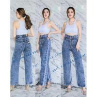 ราคา ใส่โค้ดลดSSS50JUL กางเกงยีนส์เอวสูง ขากระบอก กระดุมหน้า 5 เม็ด รุ่นกระเป๋าแปะ (7243334571)