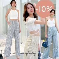 ราคา กางเกงเอวสูง ขายาว ผ้าลินิน ลายริ้ว ซิปหลัง กระเป๋าข้าง พร้อมส่ง (22486609652)
