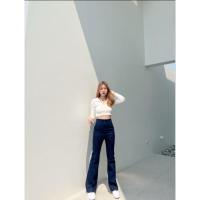 ราคา กางเกงขาม้า เอวสูง ผ้ายีนส์ยืด ยาว 40 41 นิ้ว สียีนส์เข้ม (25029765317)