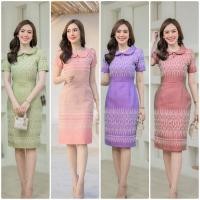 ราคา ชุดเดรสผ้าฝ้ายมัดหมี่ทอลาย อัดกาวทั้งชุด ซิปหลัง คอบัว (23668667290)