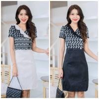 ราคา ชุดเดรสทรงสอบ คอวี ระบายหน้าอก แต่งกระดุม ผ้าทอลายขอ กระโปรงผ้าเปลือกไหมไทย อัดกาวทั้งชุด ซิปซ่อน (23353411655)
