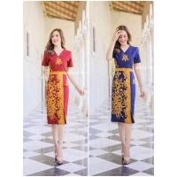 ราคา ชุดเดรสผ้าปาเต๊ะJAVA อินโดแท้พิมพ์ทอง ทรงคอวีผ่าหน้า งานอัดกาวทั้งชุด ทุกชิ้น ซิปซ่อนด้านหลัง (18137451455)