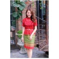 ราคา ชุดเดรสผ้าคอตตอนพิมพ์ไทยตัดต่อผ้าลูกไม้ (2405138375)