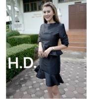 ราคา ชุดเดรสผ้าไหมอิตาลีอัดกาวทั้งชุดสีดำ (2287422624)