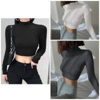 ราคา พร้อมส่ง เสื้อครอปแขนยาว คอเต่า เสื้อครึ่งตัว เสื้อแฟชั่นผู้หญิง (22212191995)