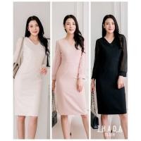 ราคา TD019 เดรสคอวีป้ายแขนยาวชีฟอง S M L XL (16598845905)
