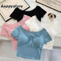 ราคา เสื้อแขนสั้น ครอป พร้อมส่งในไทย มีฟองน้ำในตัว สไตล์เวียดนาม เกาหลี ดีเทลโบว์ตรงกลางอก มีลูกไม้รอบขอบเสื้อ happystory (29553118052)