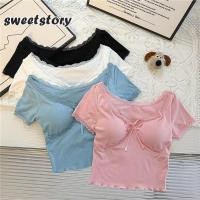 ราคา เสื้อแขนสั้น ครอป พร้อมส่งในไทย มีฟองน้ำในตัว สไตล์เวียดนาม เกาหลี ดีเทลโบว์ตรงกลางอก มีลูกไม้รอบขอบเสื้อ sweetstoryy (28953113634)
